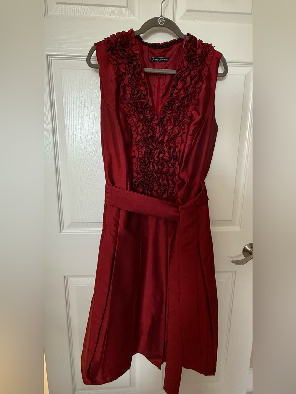 Jessica Howard Dress, Crimson Ruffle V-Neck Belted Dress
